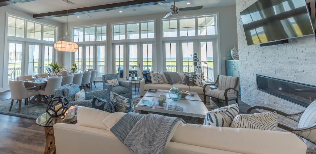Beautiful interior living room with a view inside a home at Palmilla Beach in Port Aransas Texas