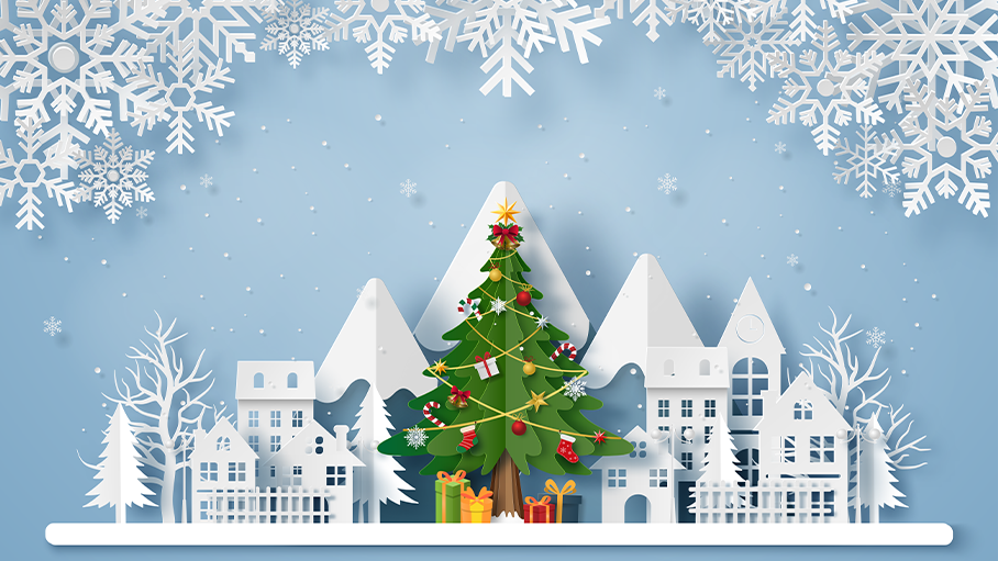 Holiday Craft Ideas Featured image showing a christmas tree with snowflakes and a town made of white paper behind it on a light blue background