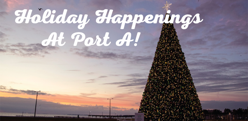 Holiday Happenings at Port A featured image showing Christmas tree against an evening sky of orange and purple