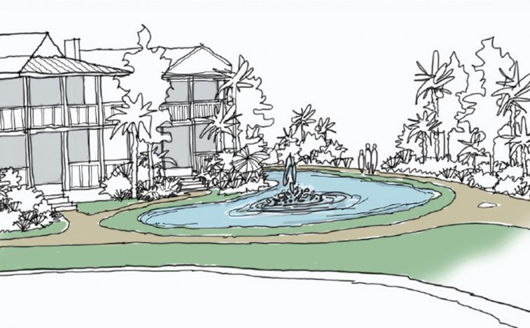 Architectural Design showing a hand drawing of a planned community park with a lake and palm trees