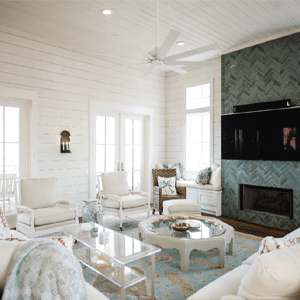 building your dream home article featuring living room or great room with white accents and beach inspired furniture