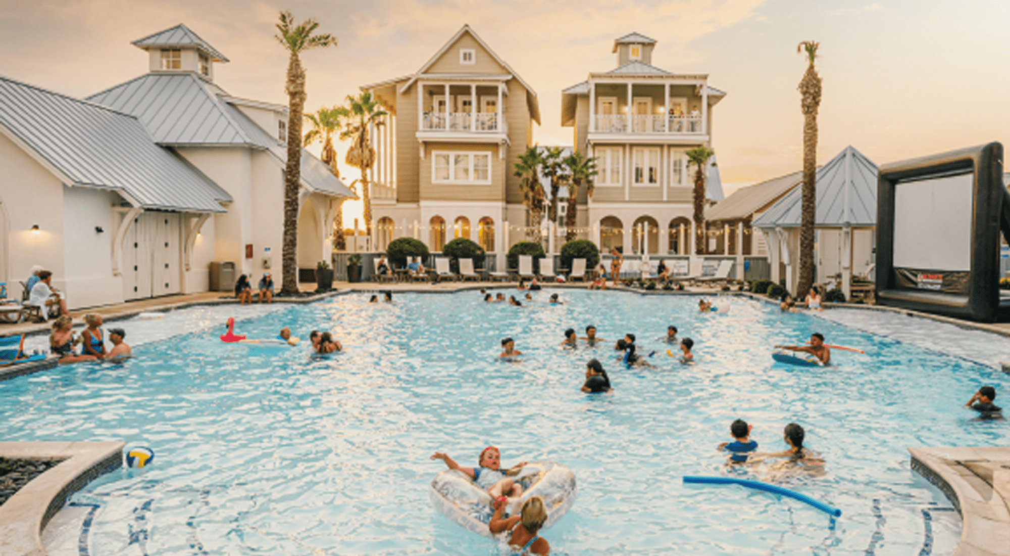 Happenings in Port Aransas and Palmilla Beach featuring the community pool with families swimming