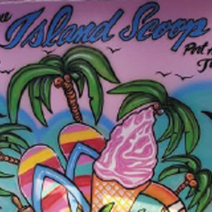 Island Scoop mural displays an ice cream cone with sandals and palm trees in Port Aransas, Texas