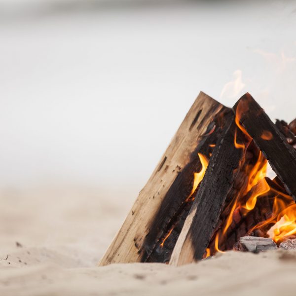 Beach campfire on lake with sand shore. burning wood on white sand in daytime