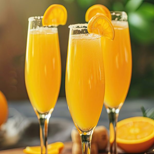 Brunch Cocktails made from freshly squeezed orange juice, mimosas are served in tall glasses. Establishment signature drink, affordable beverage, lemonade, vitamins, diet, natural product. Generative by AI